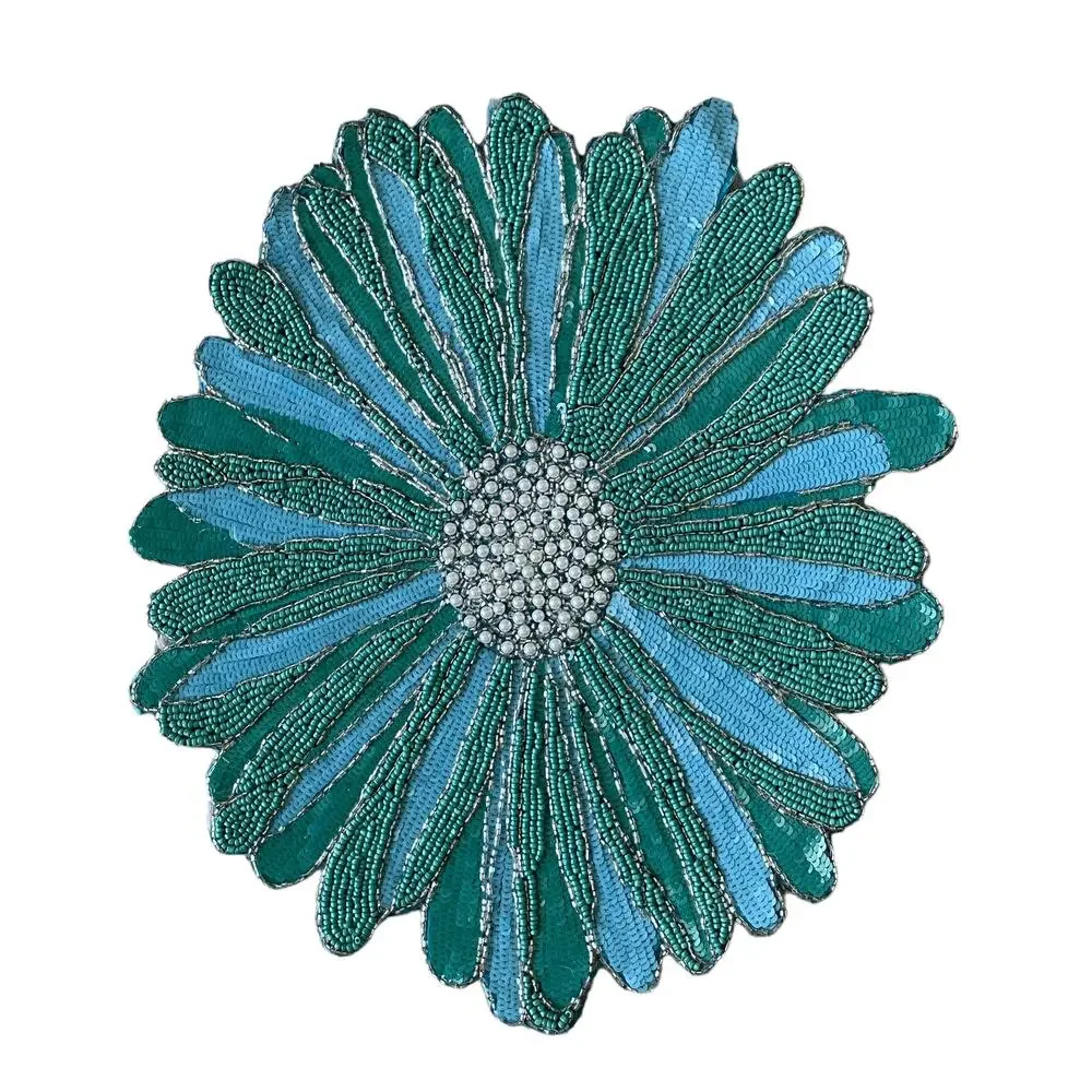TAHARI HOME Glass Hand Beaded Charger Placemat 15in Blue Green Silver Floral NEW